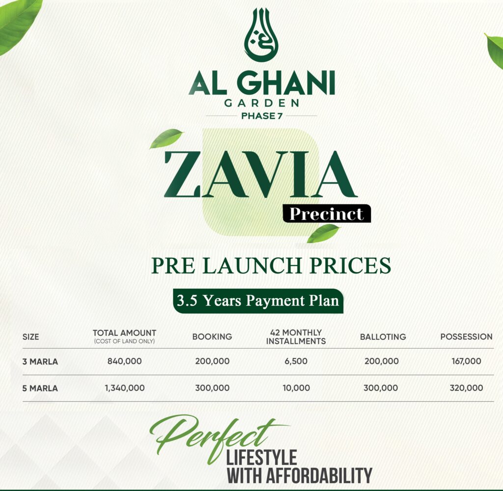 al ghani garden phase 7 zavia block payment plan
