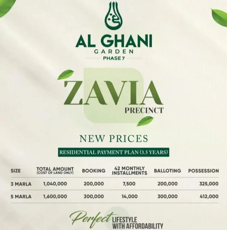 al ghani garden phase 7 zavia block new payment plan