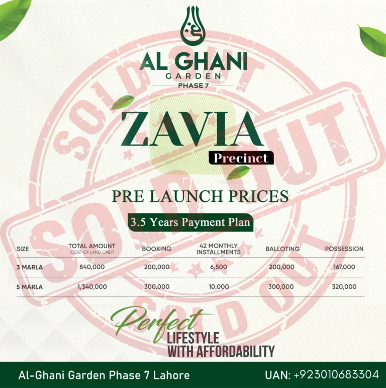 al ghani garden phase 7 zavia block old payment plan